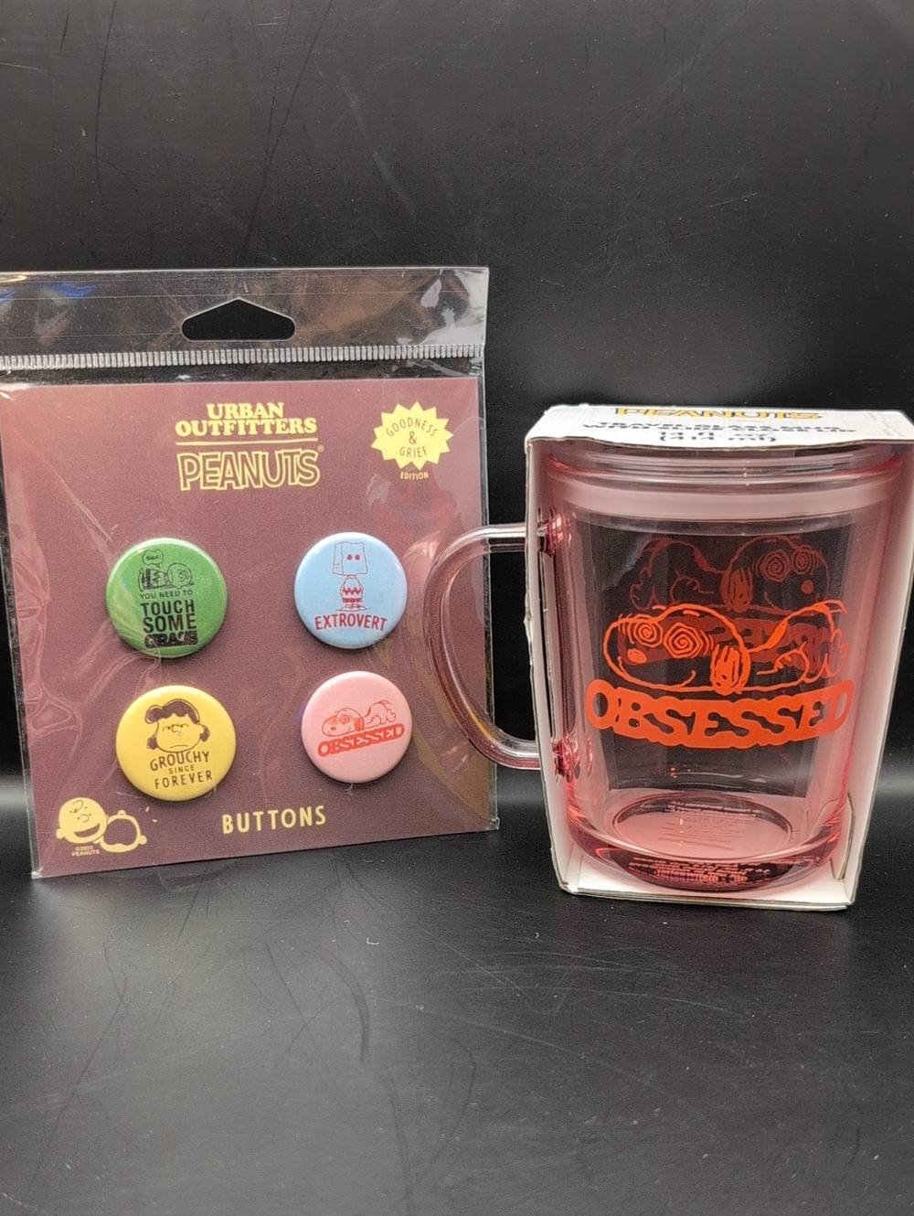PEANUTS Glass Mug and Button Set Snoopy Obsessed Mug and Multicolor Buttons